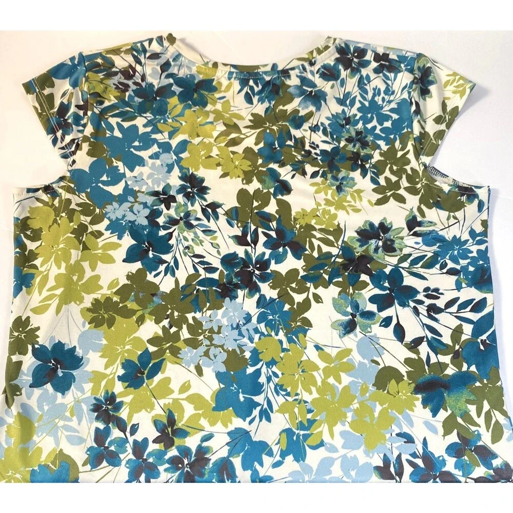 Emaline Floral T Shirt Womens Size Small Green Blue Multi Cap Sleeves Excellent